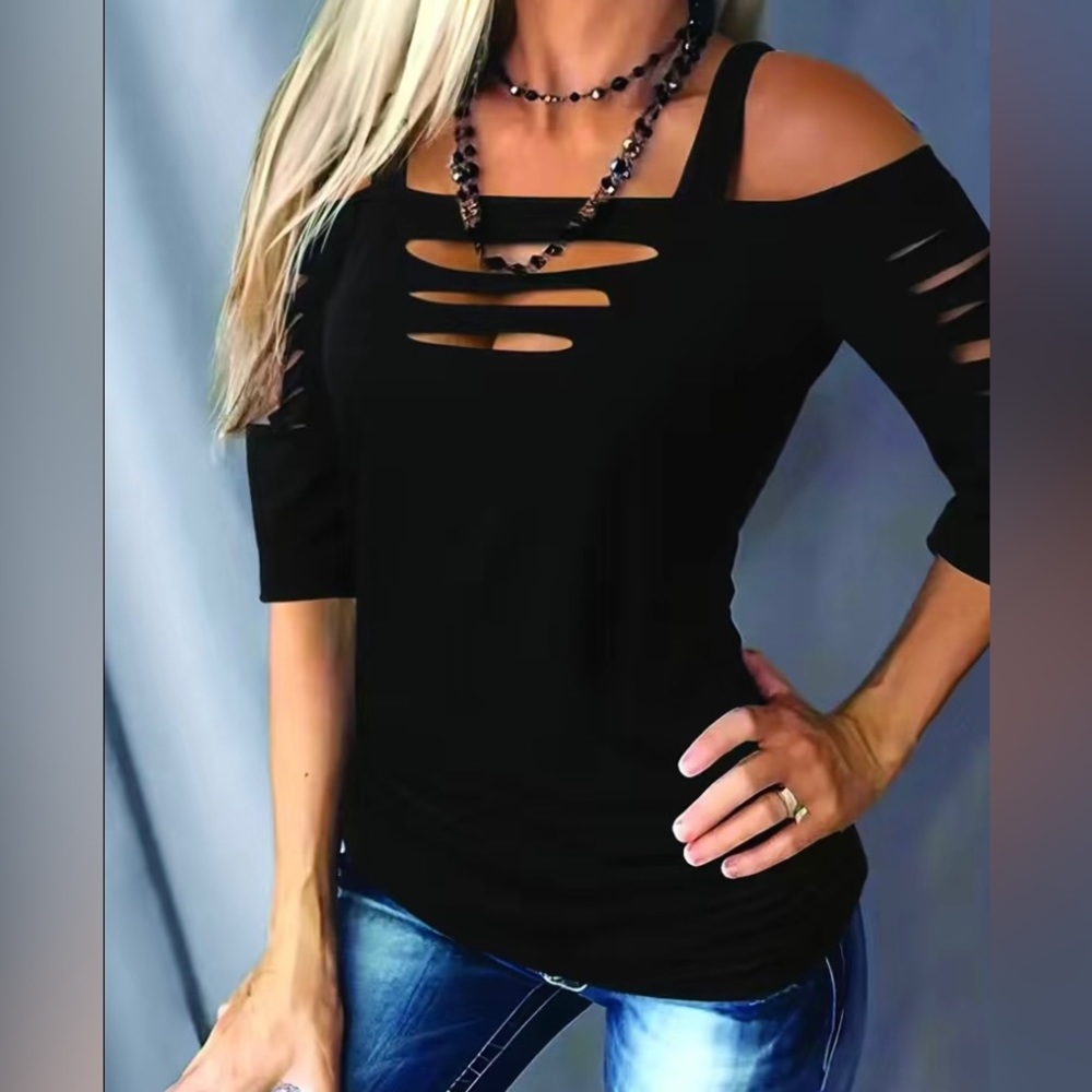 New Slit Cut Ripped Ruched Side Cold Shoulder Sexy Top
